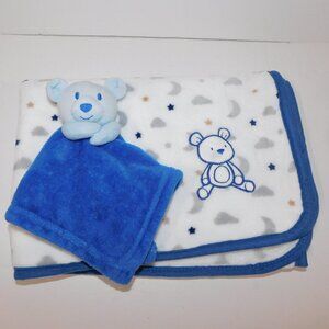 George Fleece Moon Star Crib Blanket with Blue Bear Security Blanket Set
